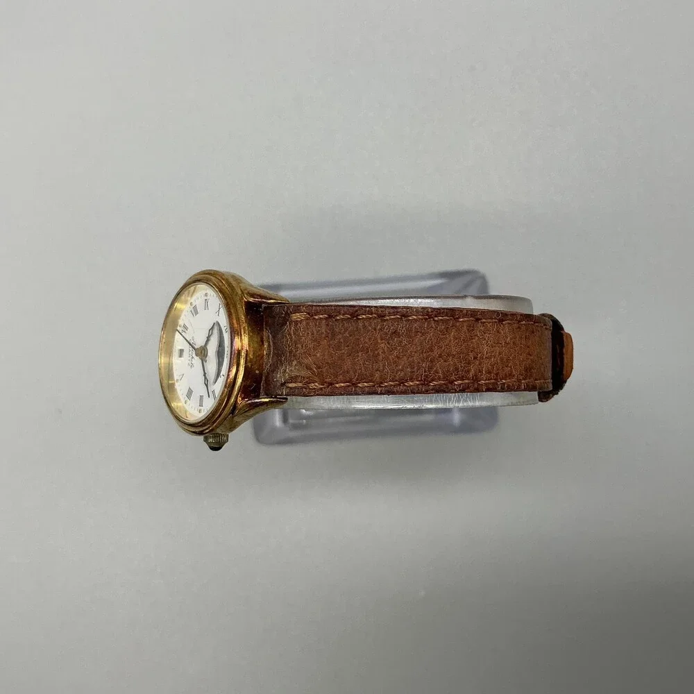Vintage Michele Womens Watch 23mm Gold Tone Moon Phase Brown Leather New Battery